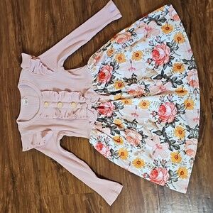 Unbranded Floral Pink/Peach Bow Knot Girls Dress with Ruffle Sleeves Size 120
